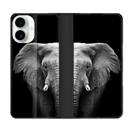 Housse cuir portefeuille Pour Iphone 17 Animal Elephant Noir