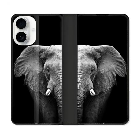Housse cuir portefeuille Pour Iphone 17 Animal Elephant Noir