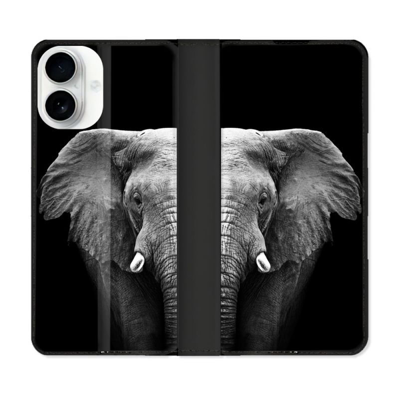 Housse cuir portefeuille Pour Iphone 17 Animal Elephant Noir