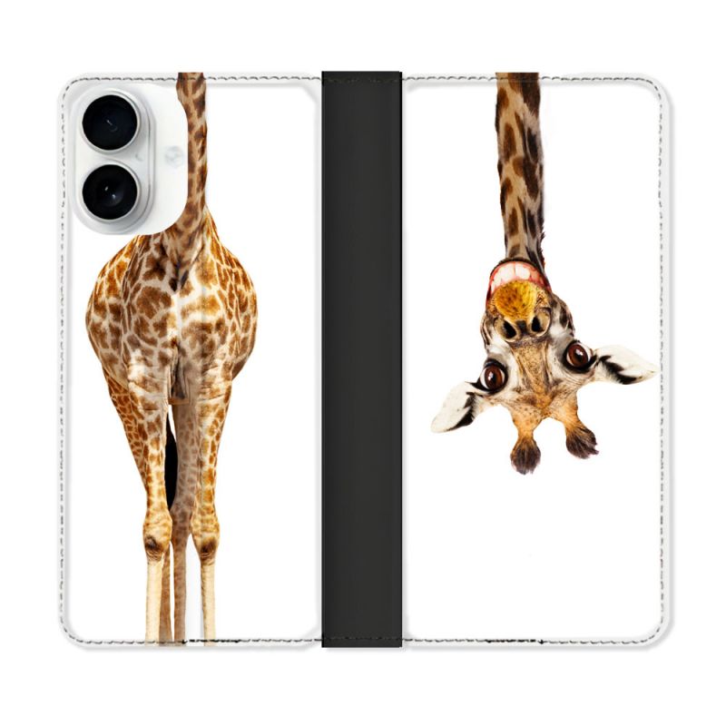 Housse cuir portefeuille Pour Iphone 17 Animal Girafe Blanche