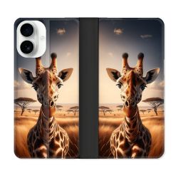Housse cuir portefeuille Pour Iphone 17 Animal Girafe Savane