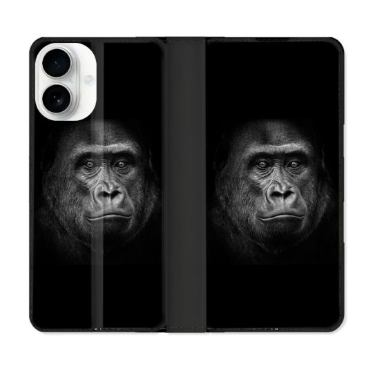 Housse cuir portefeuille Pour Iphone 17 Animal Gorille Noir