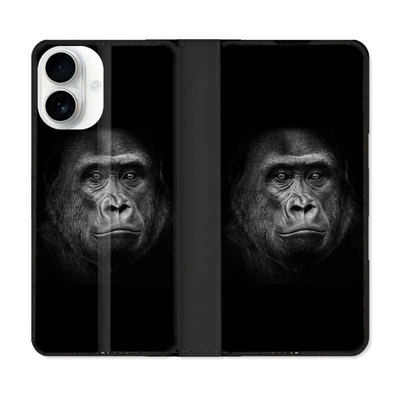 Housse cuir portefeuille Pour Iphone 17 Animal Gorille Noir