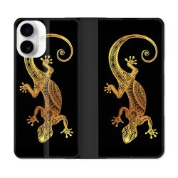 Housse cuir portefeuille Pour Iphone 17 Animal Lezard Noir
