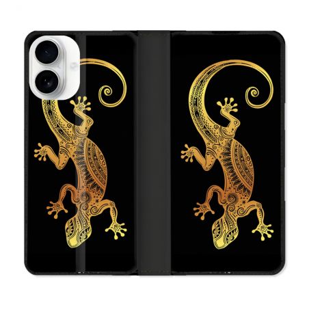 Housse cuir portefeuille Pour Iphone 17 Animal Lezard Noir