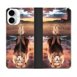 Housse cuir portefeuille Pour Iphone 17 Animal Lion Reflet