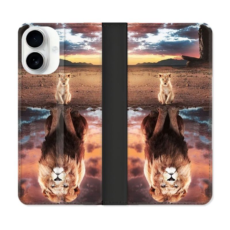 Housse cuir portefeuille Pour Iphone 17 Animal Lion Reflet
