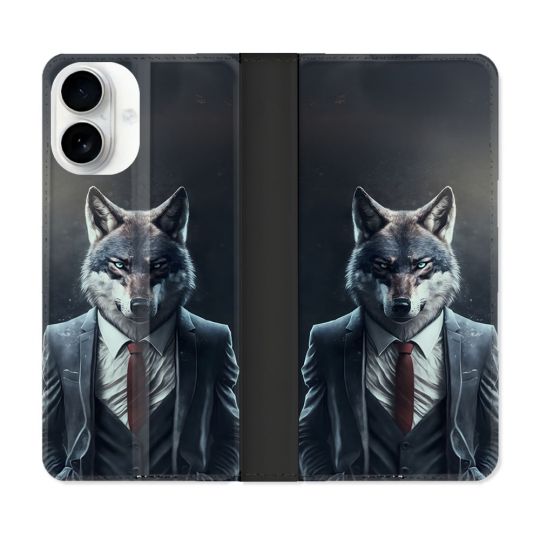 Housse cuir portefeuille Pour Iphone 17 Animal Loup Business
