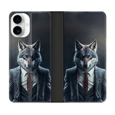 Housse cuir portefeuille Pour Iphone 17 Animal Loup Business
