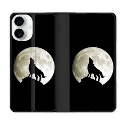 Housse cuir portefeuille Pour Iphone 17 Animal Loup Noir