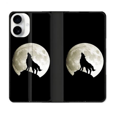 Housse cuir portefeuille Pour Iphone 17 Animal Loup Noir