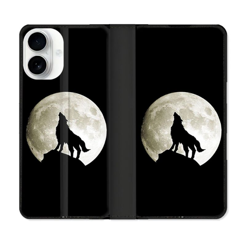 Housse cuir portefeuille Pour Iphone 17 Animal Loup Noir