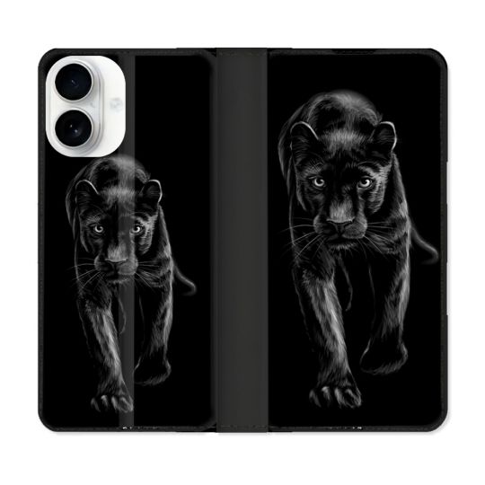 Housse cuir portefeuille Pour Iphone 17 Animal Panthère Noire