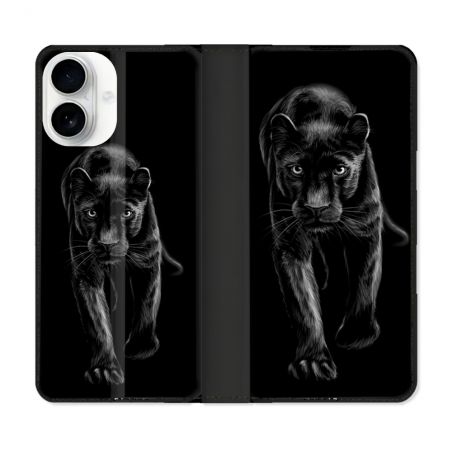 Housse cuir portefeuille Pour Iphone 17 Animal Panthère Noire