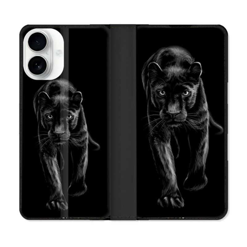Housse cuir portefeuille Pour Iphone 17 Animal Panthère Noire