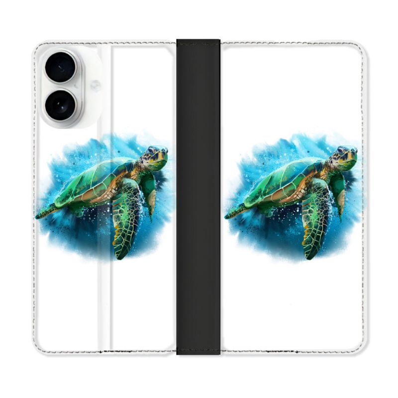 Housse cuir portefeuille Pour Iphone 17 Animal Tortue Blanche multicolore