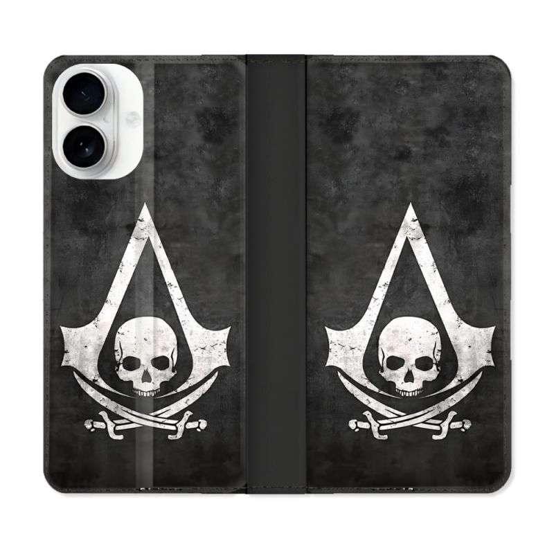 Housse cuir portefeuille Pour Iphone 17 Assassin Creed Tete Mort