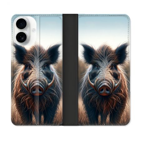 Housse cuir portefeuille Pour Iphone 17 Chasse Sanglier Attaque