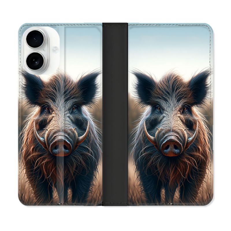 Housse cuir portefeuille Pour Iphone 17 Chasse Sanglier Attaque