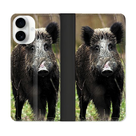 Housse cuir portefeuille Pour Iphone 17 Chasse Sanglier bois