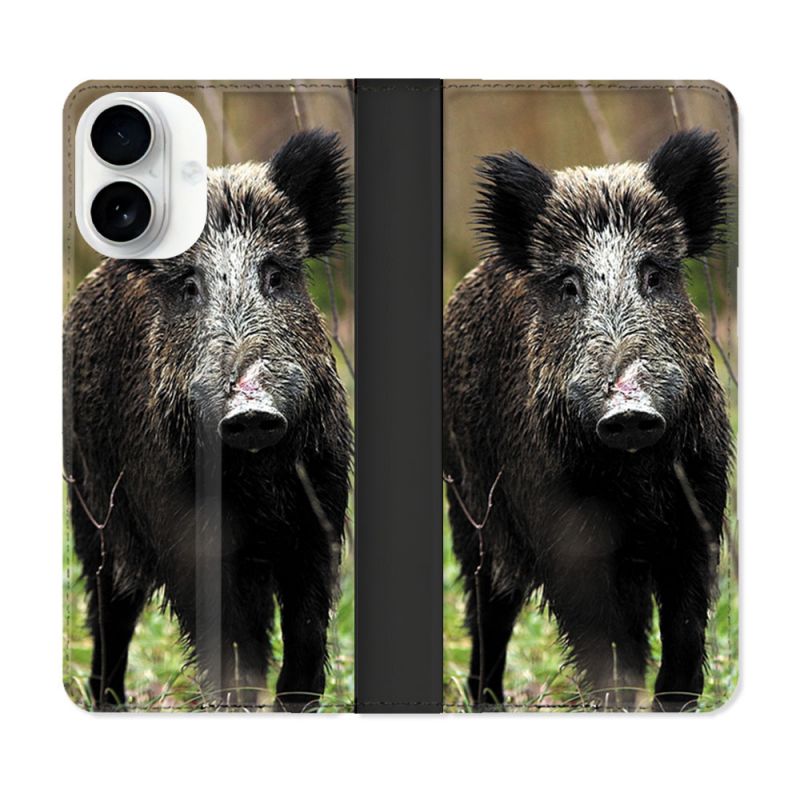 Housse cuir portefeuille Pour Iphone 17 Chasse Sanglier bois