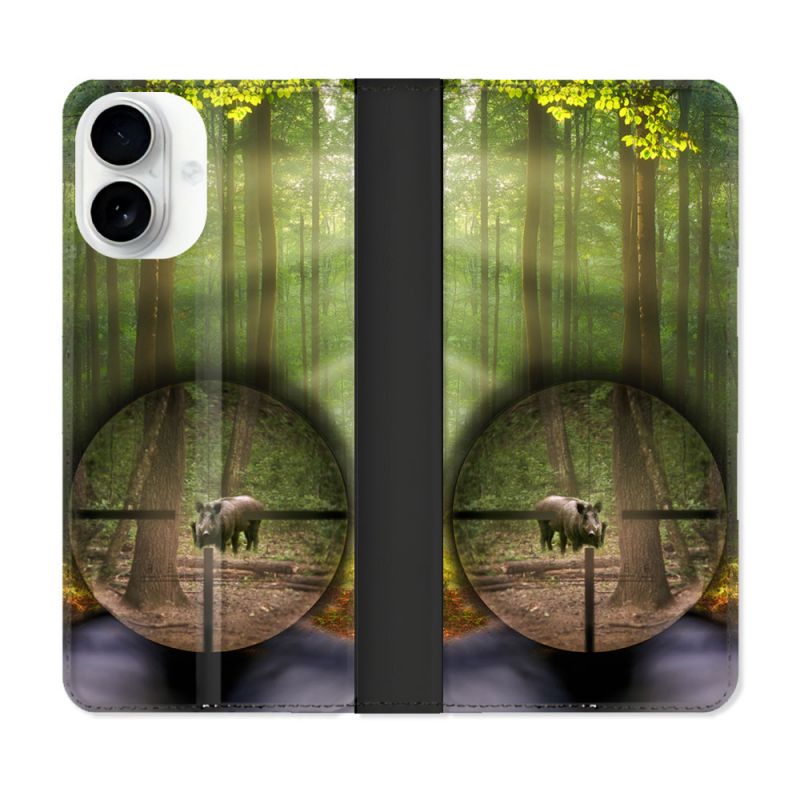 Housse cuir portefeuille Pour Iphone 17 Chasse Sanglier Viseur