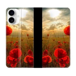 Housse cuir portefeuille Pour Iphone 17 Fleur Coquelicot