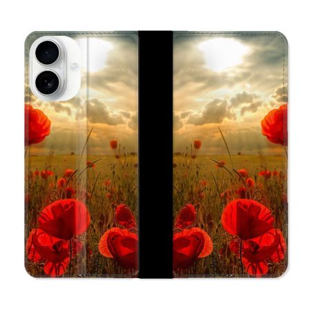 Housse cuir portefeuille Pour Iphone 17 Fleur Coquelicot
