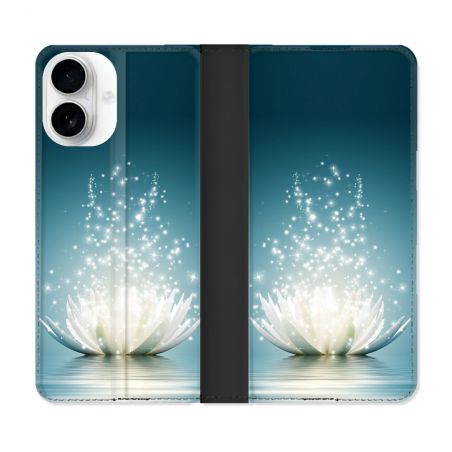 Housse cuir portefeuille Pour Iphone 17 Fleur Lotus Blanc