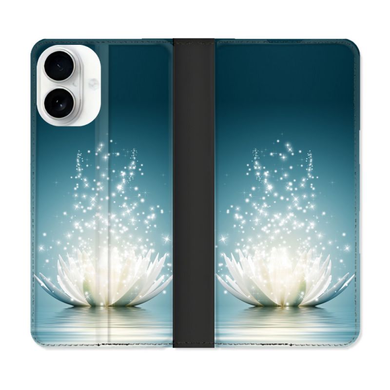 Housse cuir portefeuille Pour Iphone 17 Fleur Lotus Blanc