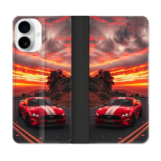 Housse cuir portefeuille Pour Iphone 17 Ford Mustang GT500 Rouge