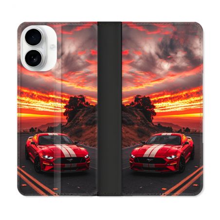 Housse cuir portefeuille Pour Iphone 17 Ford Mustang GT500 Rouge