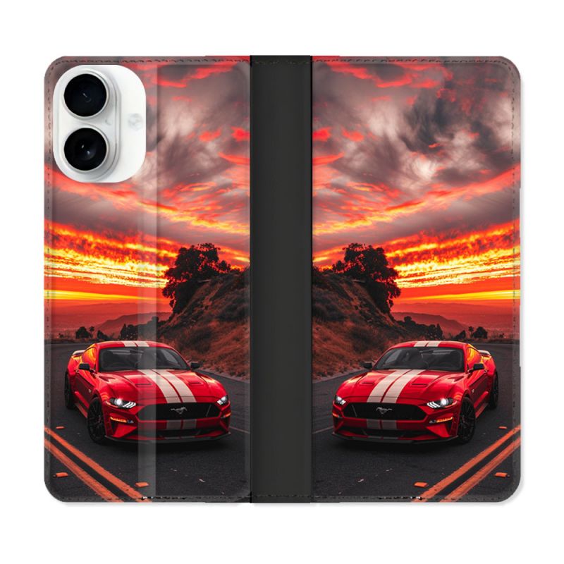 Housse cuir portefeuille Pour Iphone 17 Ford Mustang GT500 Rouge