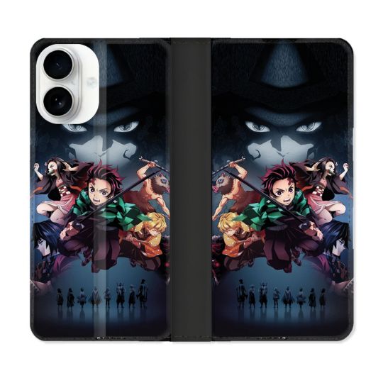 Housse cuir portefeuille Pour Iphone 17 Manga Demon Slayer Noir