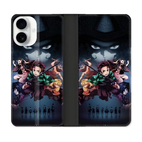 Housse cuir portefeuille Pour Iphone 17 Manga Demon Slayer Noir