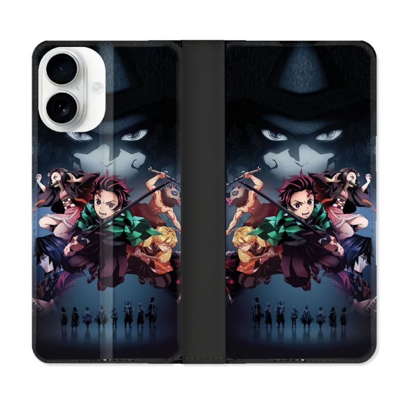Housse cuir portefeuille Pour Iphone 17 Manga Demon Slayer Noir