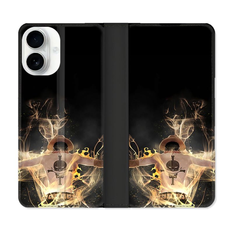 Housse cuir portefeuille Pour Iphone 17 Manga One Piece Ace Noir