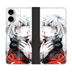 Housse cuir portefeuille Pour Iphone 17 Manga Tokyo Ghoul Kaneki Blanc