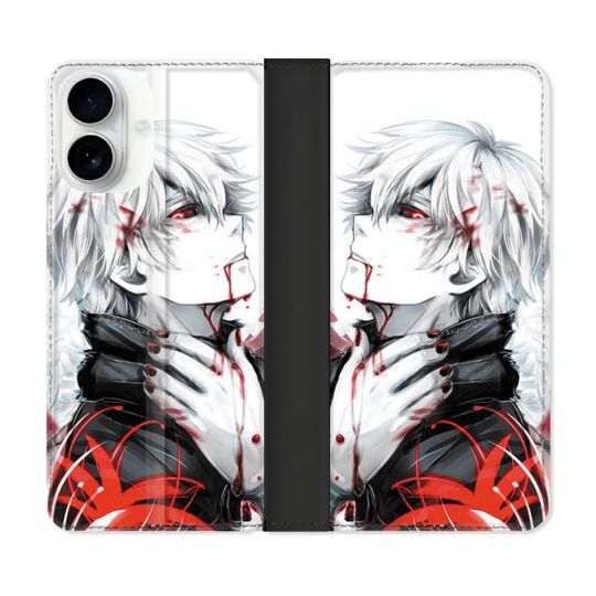 Housse cuir portefeuille Pour Iphone 17 Manga Tokyo Ghoul Kaneki Blanc