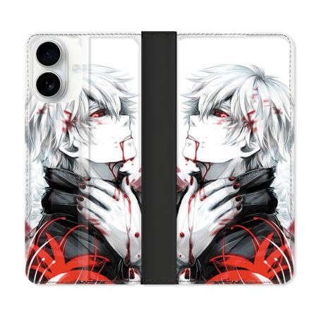 Housse cuir portefeuille Pour Iphone 17 Manga Tokyo Ghoul Kaneki Blanc