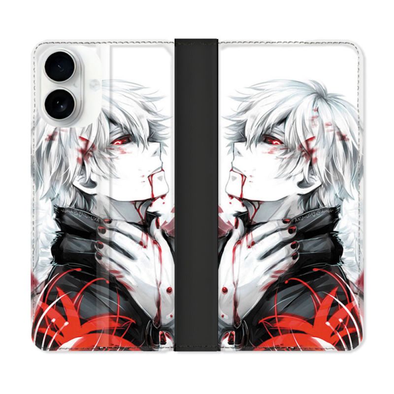 Housse cuir portefeuille Pour Iphone 17 Manga Tokyo Ghoul Kaneki Blanc