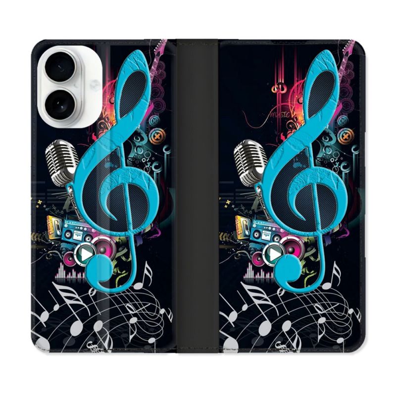 Housse cuir portefeuille Pour Iphone 17 Musique Cle Sol Bleu
