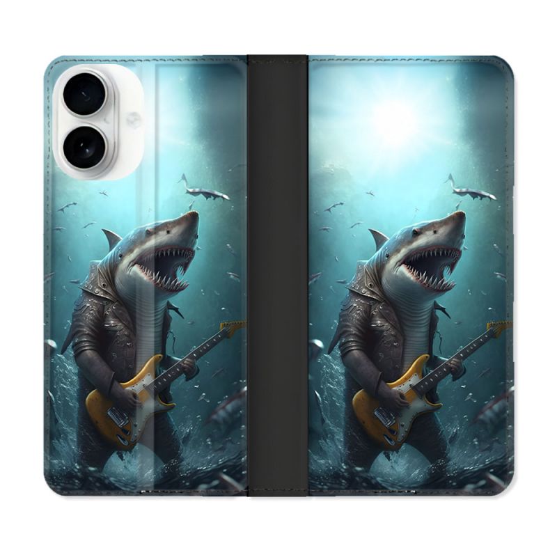 Housse cuir portefeuille Pour Iphone 17 Musique Rock Requin