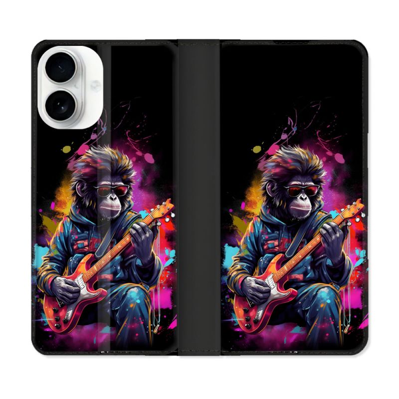 Housse cuir portefeuille Pour Iphone 17 Musique Rock Singe