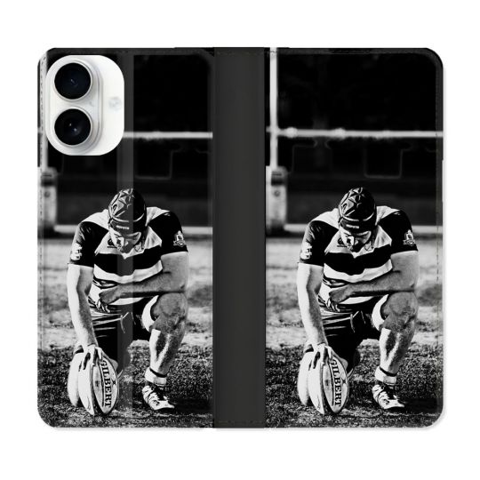 Housse cuir portefeuille Pour Iphone 17 Sport Rugby Noir Blanc