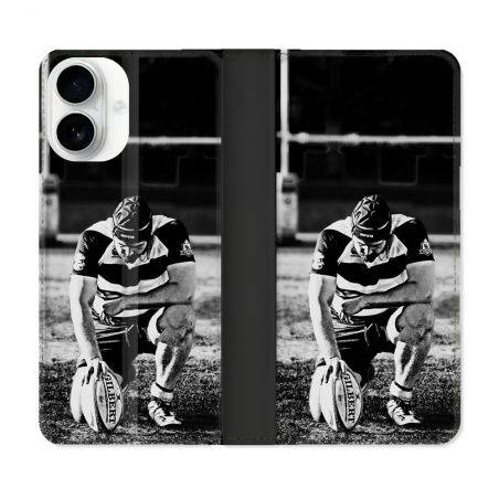 Housse cuir portefeuille Pour Iphone 17 Sport Rugby Noir Blanc