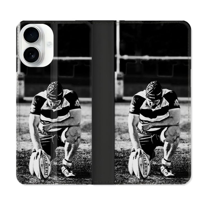 Housse cuir portefeuille Pour Iphone 17 Sport Rugby Noir Blanc