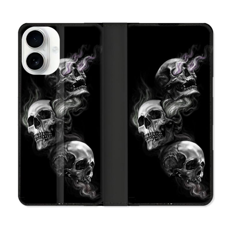 Housse cuir portefeuille Pour Iphone 17 Tete de Mort Triple