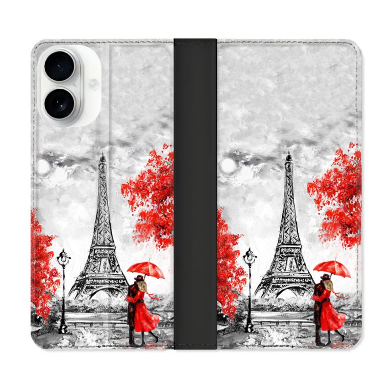 Housse cuir portefeuille Pour Iphone 17 Voyage France Paris Rouge