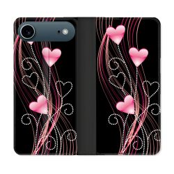 Housse cuir portefeuille Pour Iphone 17 Air Amour Coeur Rose Montant sur Noir